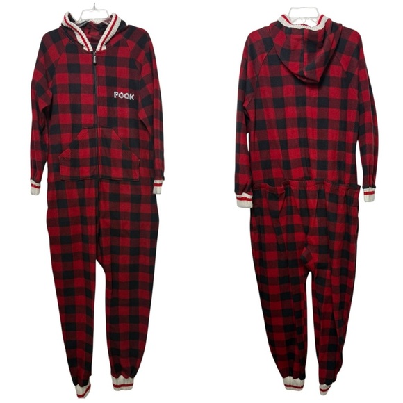 Pook Onesie Size Medium Unisex Red Plaid Hooded One Piece Pajama Cabin - Picture 6 of 6